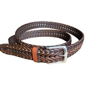 Dockers Men's Brown Braided Leather & Faux Leather Belt Silver Metal Buckle - XL